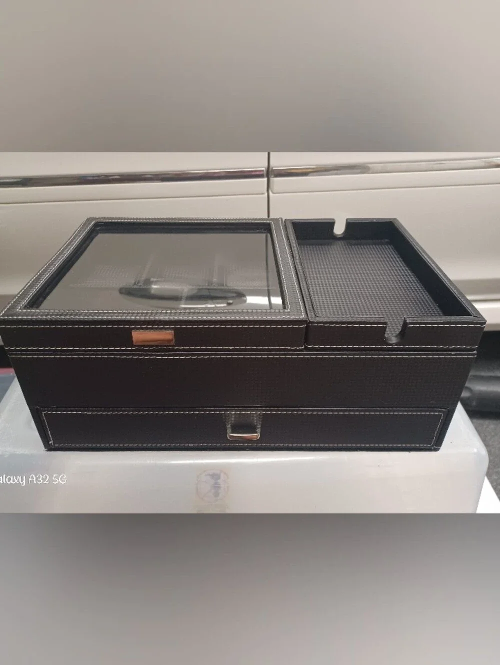 Black Leather Dresser Valet & Watch Box- Carbon Fiber Design